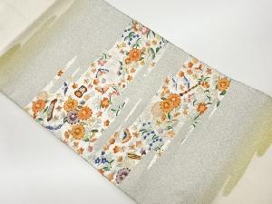 リサイクル　花々に蝶・鳥・和楽器模様織出し名古屋帯